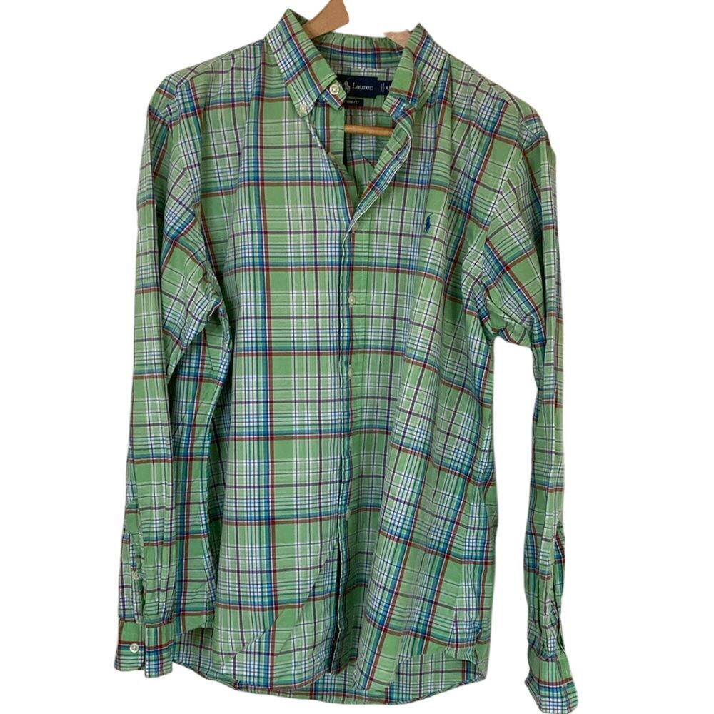 Ralph Lauren Mens Custom Fit Button Down Shirt Size XL Green Plaid‎ Preppy
